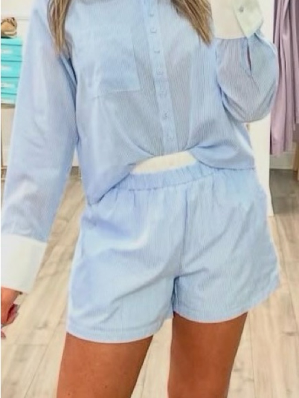 Light Blue Striped Women’s Large shorts and button down set